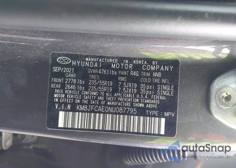 2022 Hyundai Tucson Xrt z USA, uszkodzony, nr VIN KM8JFCAE0NU087795